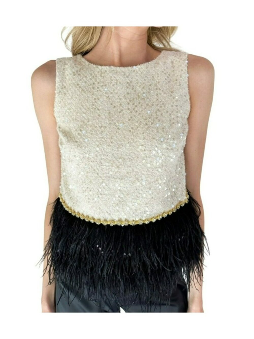 Flora Bea Cream Sequins Black Feather Boa Bella Tweed Top Size Small NWT - Picture 4 of 8